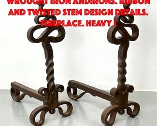 Lot 146 Pr Antique Twisted Wrought Iron Andirons. Ribbon and twisted stem Design Details. Fireplace. Heavy I
