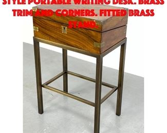 Lot 169 Vintage Wood Campaign style Portable Writing Desk. Brass Trim and Corners. Fitted Brass Stand.