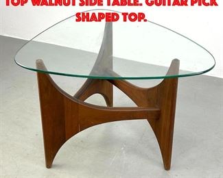 Lot 196 Adrian Pearsall Style Glass Top Walnut Side Table. Guitar pick shaped top.