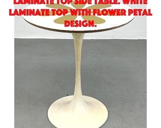 Lot 199 Saarinen style Tulip Laminate Top Side Table. White Laminate top with flower petal design.