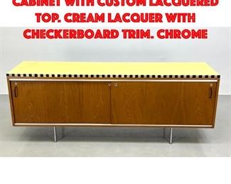 Lot 237 Knoll style Credenza Cabinet with Custom Lacquered Top. Cream Lacquer with checkerboard trim. Chrome