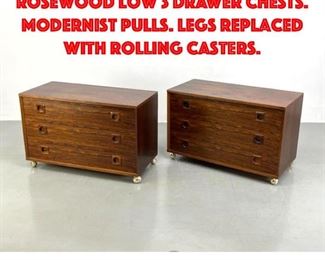 Lot 246 Pr Danish Modern Rosewood Low 3 Drawer Chests. Modernist Pulls. Legs replaced with Rolling Casters.