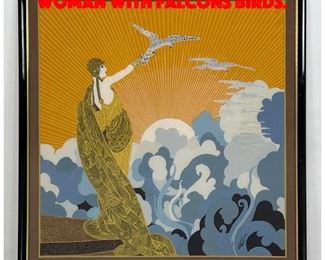 Lot 247 Framed ERTE Silk Scarf. Woman with Falcons Birds.