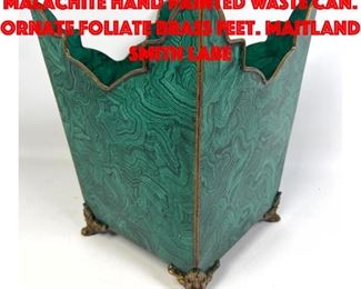 Lot 262 MAITLAND SMITH Faux Malachite Hand Painted Waste Can. Ornate Foliate Brass Feet. MAITLAND SMITH Labe