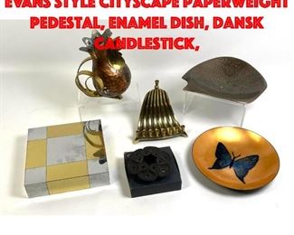Lot 270 6pc Metalware Lot. Paul Evans style Cityscape Paperweight Pedestal, Enamel dish, Dansk candlestick,