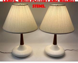 Lot 280 Pair 50s Modern Table Lamps. White pottery and walnut stems.