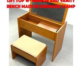 Lot 283 Danish Modern Teak vanity lift top w mirror and vanity bench made in Denmark stamp