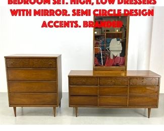 Lot 285 3pc BASSETT Walnut Bedroom Set. High, Low Dressers with Mirror. Semi Circle Design accents. Branded