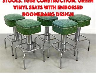 Lot 287 Set 4 Vintage Chrome Bar Stools. Tube construction. Green Vinyl Seats with Embossed Boomerang Design