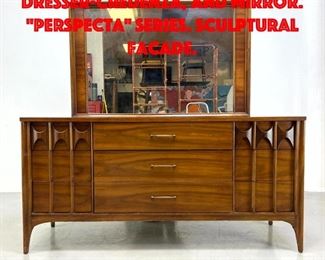 Lot 294 2pc KENT COFFEY Walnut DresserCredenza, and Mirror. Perspecta Series. Sculptural facade.