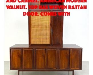 Lot 301 2 Part FOUNDERS Credenza and Cabinet. American Modern Walnut. Top has woven rattan door. Comes with