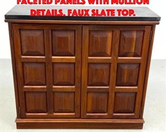 Lot 321 Walnut Two Door Cabinet. Faceted Panels with Mullion Details. Faux Slate Top.