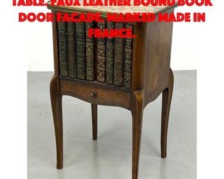 Lot 337 French Marble Top Side Table. Faux Leather Bound Book Door Facade. Marked Made in France.