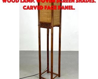 Lot 359 Asian style Square Column Wood Lamp. Woven Screen Shades. Carved Face Panel.