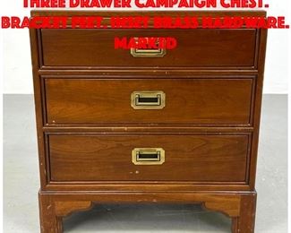 Lot 363 ETHAN ALLEN Mahogany Three Drawer Campaign Chest. Bracket Feet. Inset Brass hardware. Marked