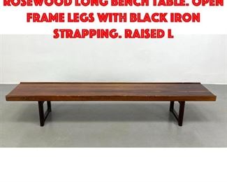 Lot 371 BRUKSBO Norway Modern Rosewood Long Bench Table. Open frame legs with black iron strapping. Raised l