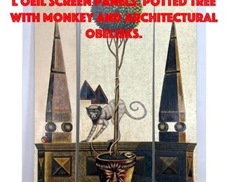Lot 376 3 Panel Handpainted Trompe L Oeil Screen Panels. Potted Tree with Monkey and Architectural Obelisks.