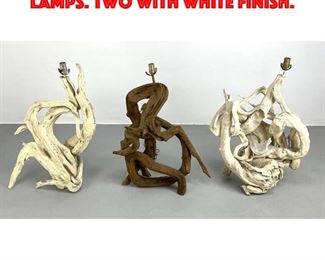 Lot 377 3 Natural Driftwood Table Lamps. Two with white finish.