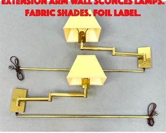 Lot 380 Pr 1976 CHAPMAN Brass Extension Arm Wall Sconces Lamps. Fabric shades. Foil label.