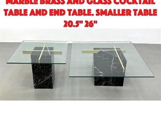 Lot 392 2pc ARTEDI post modern marble brass and glass cocktail table and end table. Smaller table 20.5 26