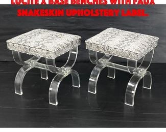 Lot 408 Pair HILL Manufacturing Lucite X base benches with faux snakeskin upholstery label.