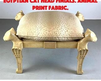 Lot 415 Marge Carson Bench Stool. Egyptian Cat head finials. Animal print fabric.