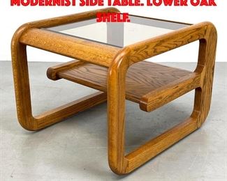 Lot 418 LOU HODGES Oak and Glass Modernist Side Table. Lower Oak Shelf.