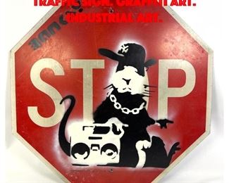 Lot 421 Silkscreen Rat on Stop Traffic Sign. Graffiti Art. Industrial Art.