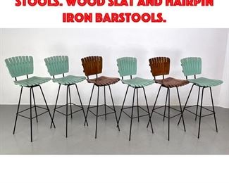Lot 423 Set 6 Arthur Umanoff Bar Stools. Wood slat and Hairpin Iron Barstools.