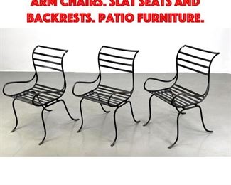 Lot 429 Set 3 Outdoor Garden Iron Arm Chairs. Slat Seats and Backrests. Patio Furniture.