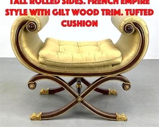 Lot 462 Scroll Side Bench Stool. Tall rolled sides. French Empire style with gilt wood trim. Tufted cushion
