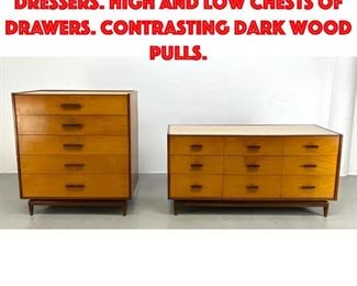 Lot 463 2pc Mid Century Modern Dressers. High and Low Chests of Drawers. Contrasting Dark Wood Pulls.