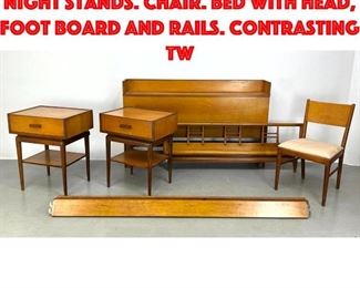 Lot 464 4pc Partial Bedroom Set. Pr Night Stands. Chair. Bed with head, foot board and rails. Contrasting tw