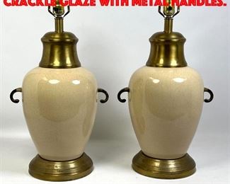 Lot 466 Pair of Rembrandt Lamps. Crackle glaze with metal handles.