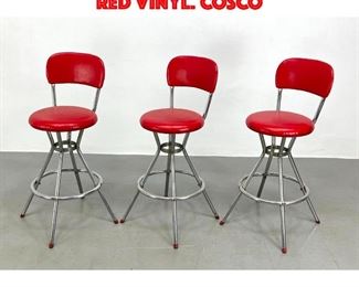 Lot 482 Set 3 50s Modern Bar Stools. Red Vinyl. COSCO