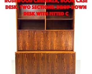 Lot 483 HUNDEVAD Danish Modern Rosewood Credenza, Book Case Desk. Two Sections. Drop down desk with fitted c