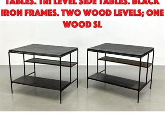 Lot 485 Pair PAUL McCOBB Side Tables. Tri Level Side Tables. Black Iron Frames. Two Wood Levels One Wood Sl