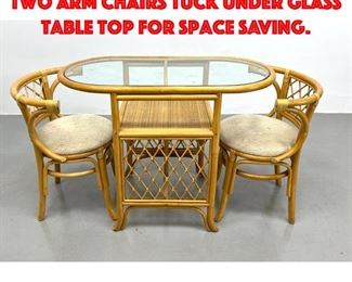 Lot 493 3pc Bamboo Dinette Set. Two Arm Chairs tuck under Glass Table Top for Space Saving.
