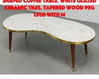 Lot 506 Mosaic Tile Top Kidney Shaped Coffee Table. White glazed ceramic tiles. Tapered wood peg legs with m