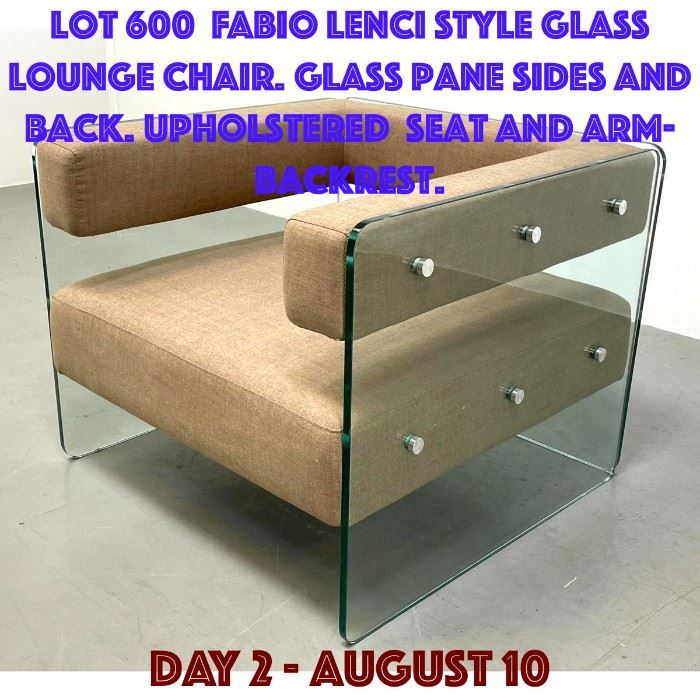 Lot 600 FABIO LENCI style Glass Lounge Chair. Glass Pane Sides and Back. Upholstered seat and armbackrest.