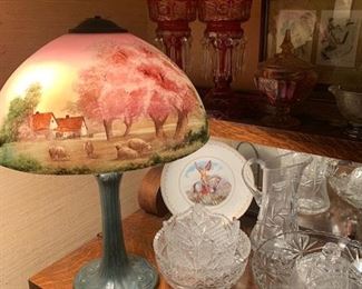 Beautiful Antique Reverse Painted Glass Lamp