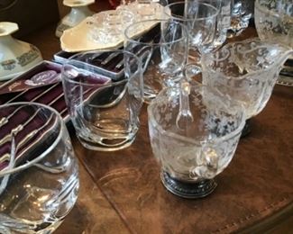 Acid Etched Glass with Sterling  Base ( creamer and sugar and relish bowl)