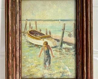 Oil on Board, Boy with Boat, signed Josephine Reichmann