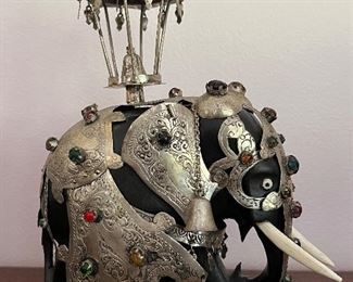 Vintage Decorated Ebony Wood Elephant