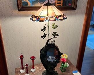 Art Deco style lamp with mirror, stained glass shade