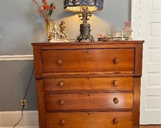 Antique cherry chest, dresser, antique slag glass lamp