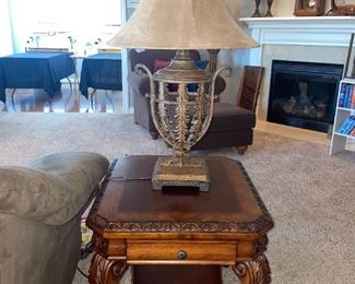 Pair Ornate Cherry End Tables & Uttermost Ornate Metal Table Lamps!