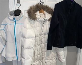 Eddie Bauer Women’s L White Goose Down Coat w/Hood, Eddie Bauer First Ascent Women’s Large Zip Up, Eddie Bauer Women’s L Black Weatherproof Jacket!