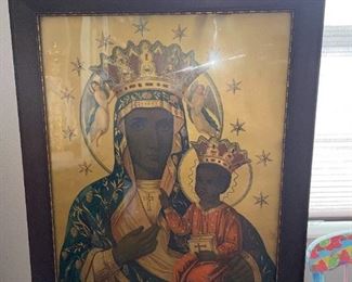 Antique Our Lady of Czestochowa Framed Picture!