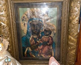 Antique Our Lady of Czestochowa Framed Picture!
